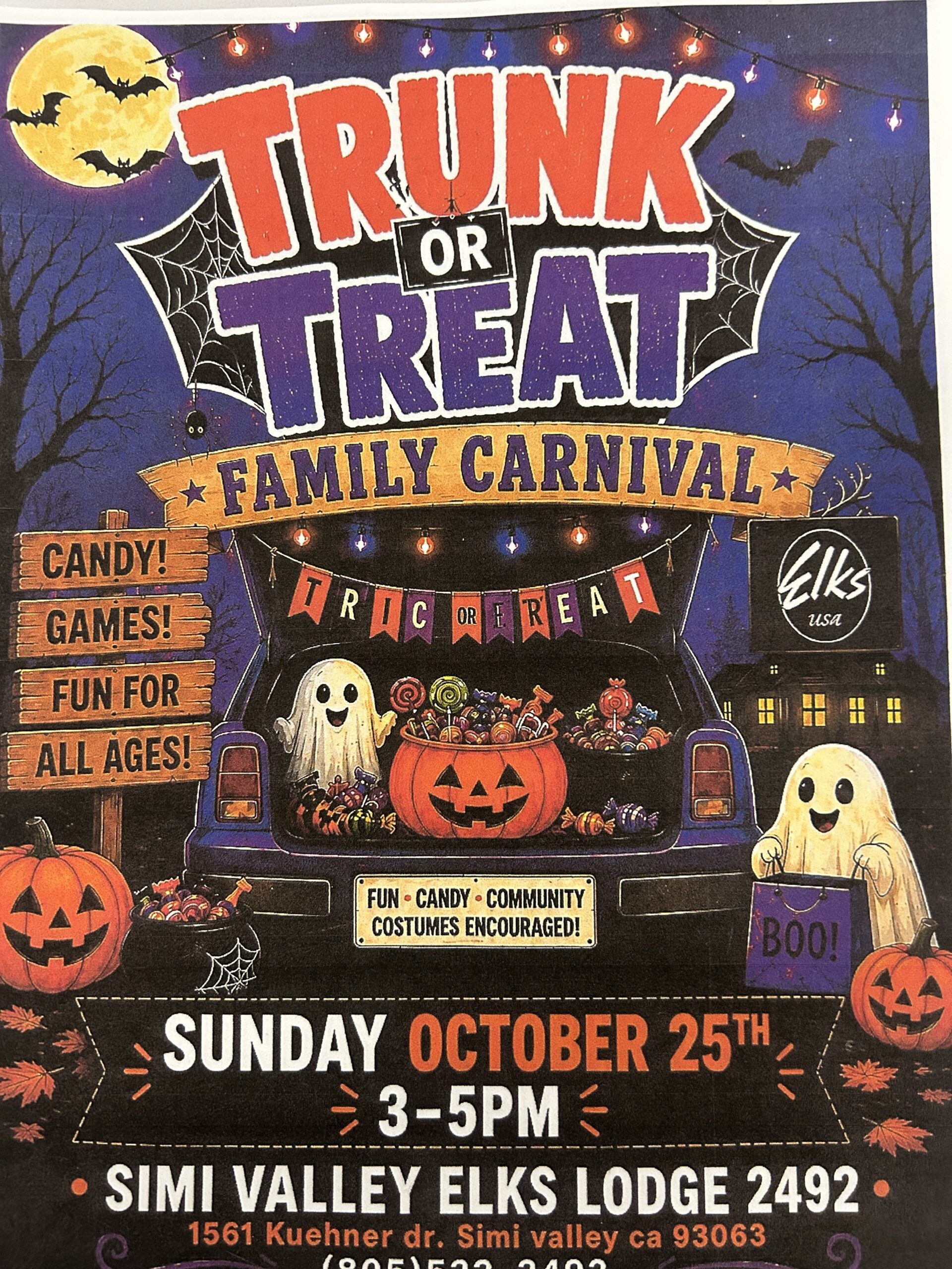 Trunk or Treat Family Carnival flyer. Sunday, October 25, 3–5 p.m. Simi Valley Elks Lodge 2492, 1561 Kuehner Dr, Simi Valley, CA 93063. Candy, games, fun for all ages; costumes encouraged.